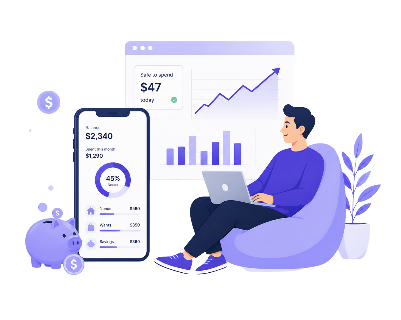 A person reviewing their Budjo dashboard on laptop and phone. Showing balance, spending categories, and a savings line trending up.